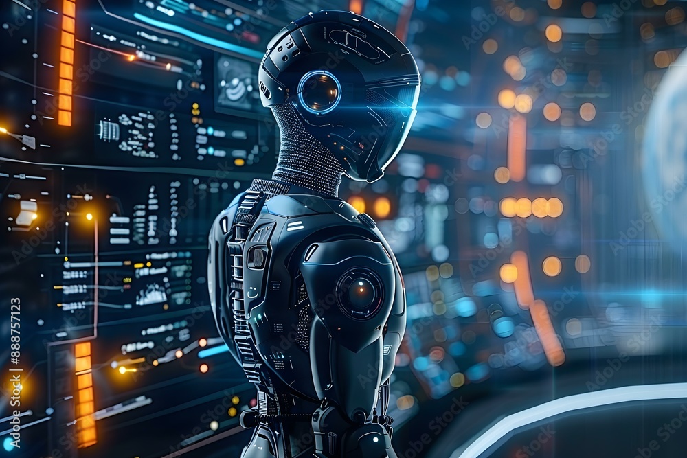 futuristic AI Robot Analyzing Data, Modern Technology, Digital Innovation, Advanced Computing, High Tech Visualization futuristic AI Robot Analyzing Data, Modern Technology, Digital Innovation, Advanced Computing, High Tech Visualization