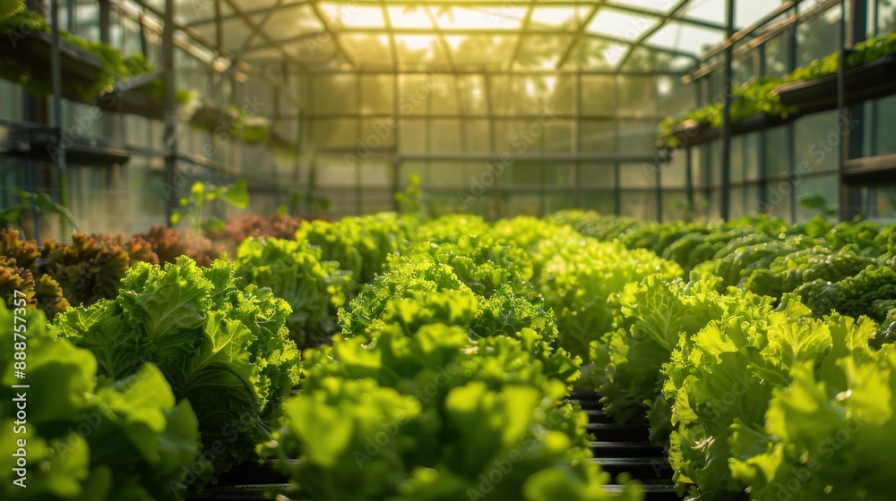 Lush green lettuce growing in a well-lit greenhouse, showcasing sustainable and organic farming practices in a controlled environment. Lush green lettuce growing in a well-lit greenhouse, showcasing sustainable and organic farming practices in a controlled environment.