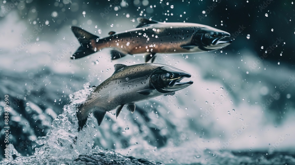Fototapeta premium Atlantic salmon displaying their remarkable ability to leap upstream against rapids in rivers to reach their spawning grounds.