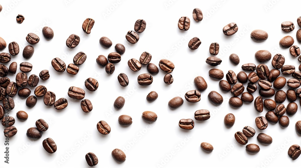 Obraz premium Coffee beans displayed on a white background create a simple yet striking image, showcasing their rich brown color and varied textures.