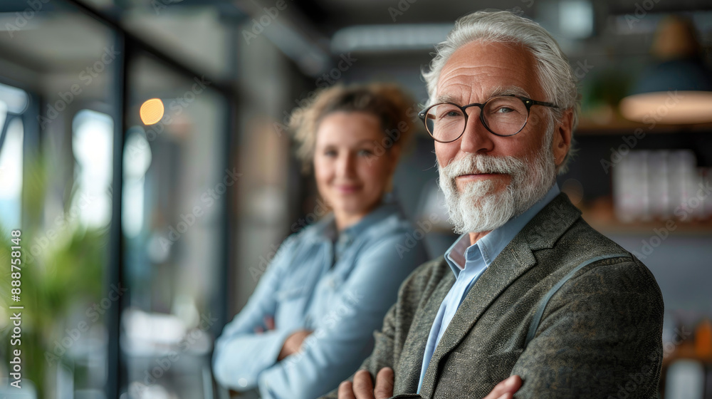 Confident senior businessman and young professional woman standing with folded arms in modern office, emphasizing teamwork and leadership. Confident senior businessman and young professional woman standing with folded arms in modern office, emphasizing teamwork and leadership.