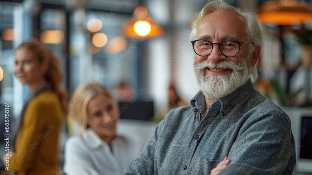Confident senior businessman with colleagues in a modern office setting, emphasizing teamwork and leadership in a professional environment. Confident senior businessman with colleagues in a modern office setting, emphasizing teamwork and leadership in a professional environment.