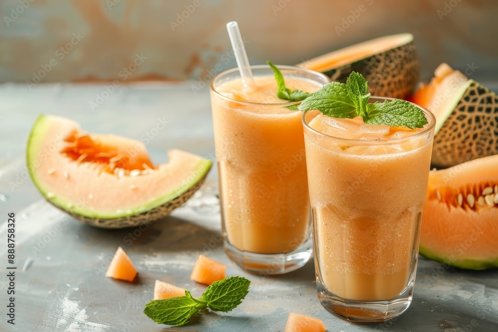 Refreshing melon smoothies with mint in glass representing a healthy and fresh summer drink with exotic fruits Refreshing melon smoothies with mint in glass representing a healthy and fresh summer drink with exotic fruits