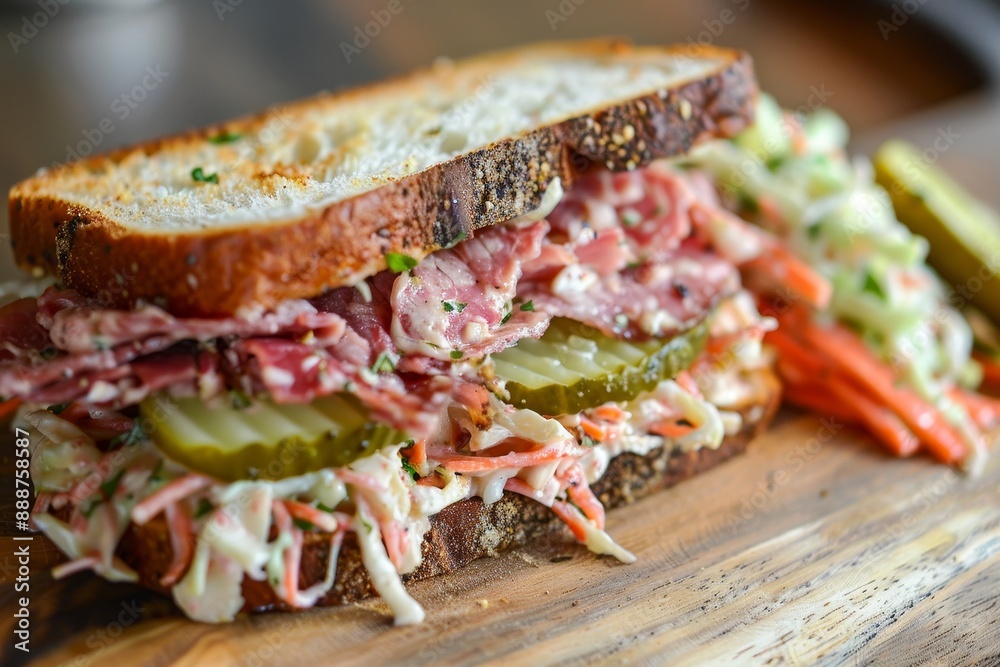 Reuben sandwich with pickles and slaw Reuben sandwich with pickles and slaw