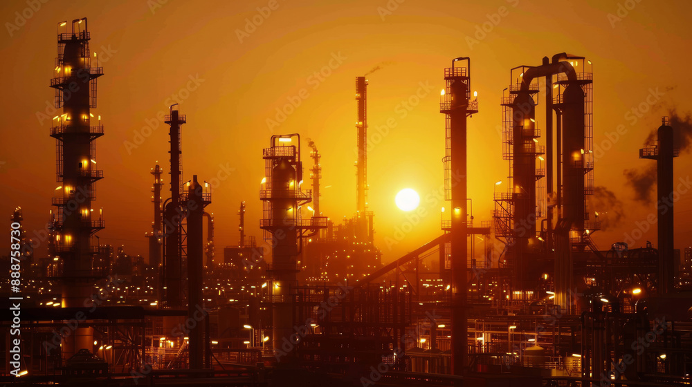 A large industrial area with many tall buildings and a large sun in the sky A large industrial area with many tall buildings and a large sun in the sky