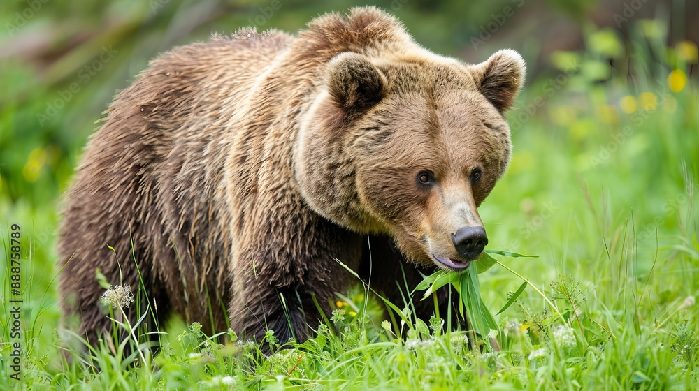 A mother grizzly bear peacefully grazing on weeds and grass in the natural surroundings of Banff National Park, Alberta, Canada, captures the serene harmony between wildlife and its environment. A mother grizzly bear peacefully grazing on weeds and grass in the natural surroundings of Banff National Park, Alberta, Canada, captures the serene harmony between wildlife and its environment.