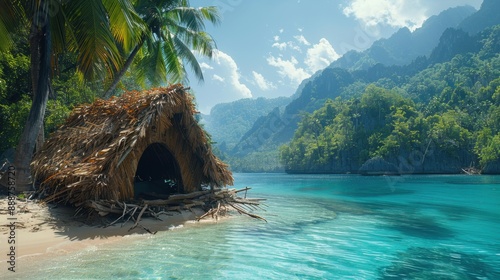 A makeshift shelter made from palm leaves and driftwood stands on a deserted island, surrounded by turquoise waters and dense jungle. photo