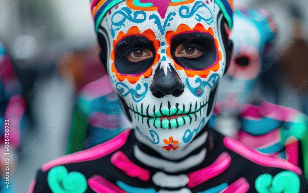 Vibrant Day of the Dead celebration with a person in traditional sugar skull face paint and colorful attire, emphasizing rich cultural heritage. Vibrant Day of the Dead celebration with a person in traditional sugar skull face paint and colorful attire, emphasizing rich cultural heritage.