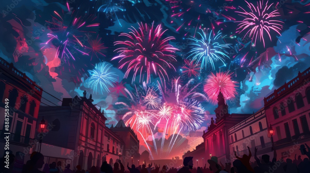 Obraz premium Panoramic view of a lively street fiesta, fireworks in the sky, people dancing and singing, Fantasy, Digital painting, Ethereal lighting