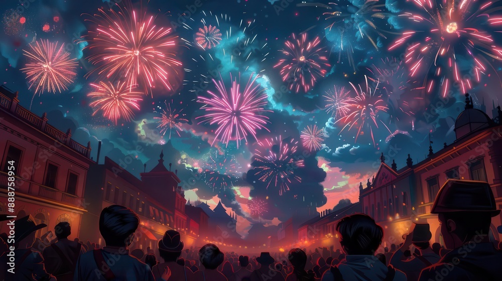 Panoramic view of a lively street fiesta, fireworks in the sky, people dancing and singing, Fantasy, Digital painting, Ethereal lighting Panoramic view of a lively street fiesta, fireworks in the sky, people dancing and singing, Fantasy, Digital painting, Ethereal lighting