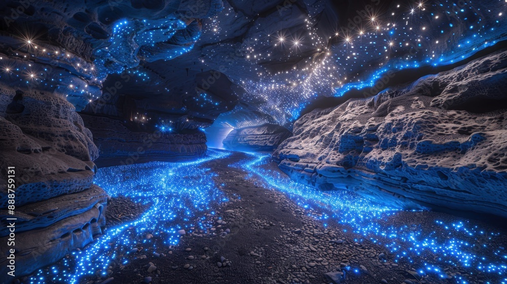 A hidden cave illuminated by bioluminescent fungi, casting an ethereal ...
