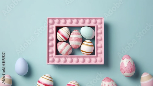 Easter invitation with eggs with a pink frame on a blue background, Generative AI