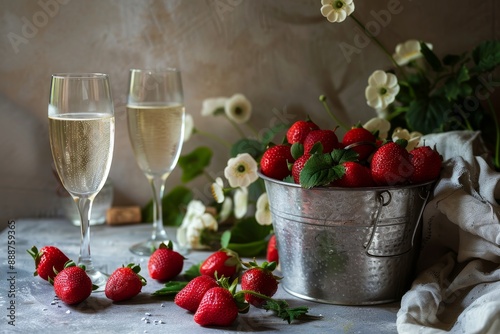 Romantic still life with strawberries and wine selective focus photo