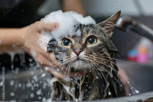 Cat bath, funny wet cat, girl washing a cat in the bath, woman shampooing a tabby gray cat in a grooming salon photo