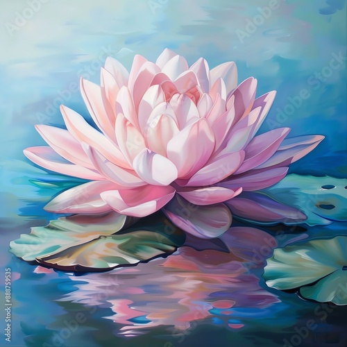 Pink lotus blossom, delicate petals, floating in pond, morning light, serene atmosphere, high clarity, vibrant colors © Janthiwa