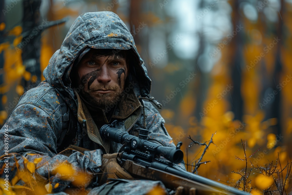 Fototapeta premium Camouflaged sniper in forest ambush military hunter concealed with rifle in woods
