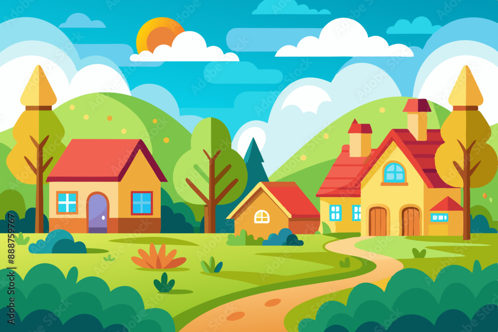 Naklejka premium Colorful Cartoon Style Rural Landscape: Flat Illustration for Children's Book Cover Design