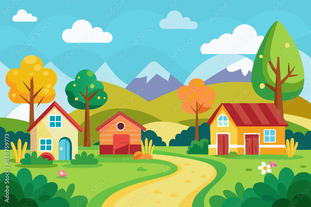 Naklejka premium Colorful Cartoon Style Rural Landscape: Flat Illustration for Children's Book Cover Design