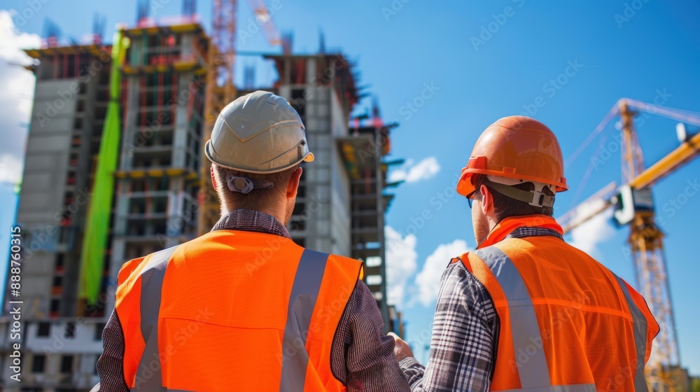 Two construction workers in high-visibility gear, facing away from camera. Two construction workers in high-visibility gear, facing away from camera.