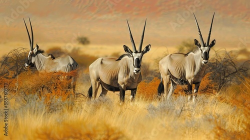 An oryx stands majestically, gazing forward in the Kalahari Desert of Botswana.