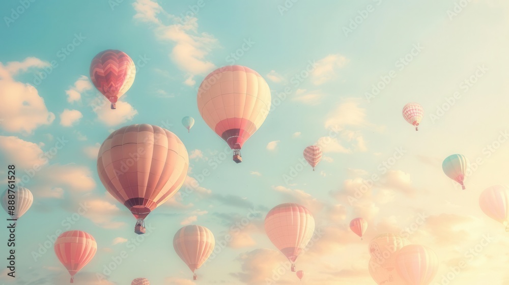 Light gradient background from cream to pale pink, worm's-eye view of hot air balloons floating, sky available for copy Light gradient background from cream to pale pink, worm's-eye view of hot air balloons floating, sky available for copy