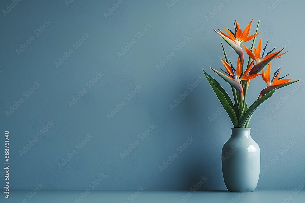 A delightful arrangement of a simple vase with a bouquet of bird of paradise flowers that convey tranquility, against a minimalist muted tones background under soft and gentle lighting. A delightful arrangement of a simple vase with a bouquet of bird of paradise flowers that convey tranquility, against a minimalist muted tones background under soft and gentle lighting.