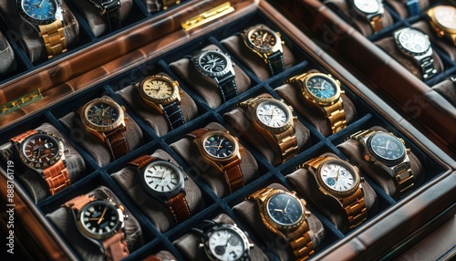 Majestic bird's-eye view of assorted luxury watches on velvet display, ample room for copy