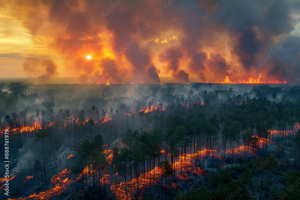 Forest fire with coniferous trees is on fire and smoke, top view Forest fire with coniferous trees is on fire and smoke, top view
