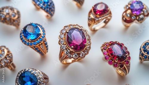 Stunning bird's-eye view of high-end designer rings, space for text