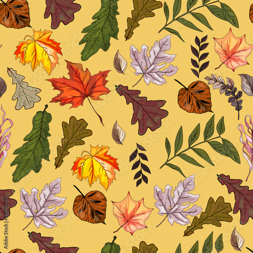 Autumn pattern. The leaves are multi-colored. The fall Seamless pattern. Colorful seamless pattern of autumn, fall howthorn leaves, hand made ink print photo