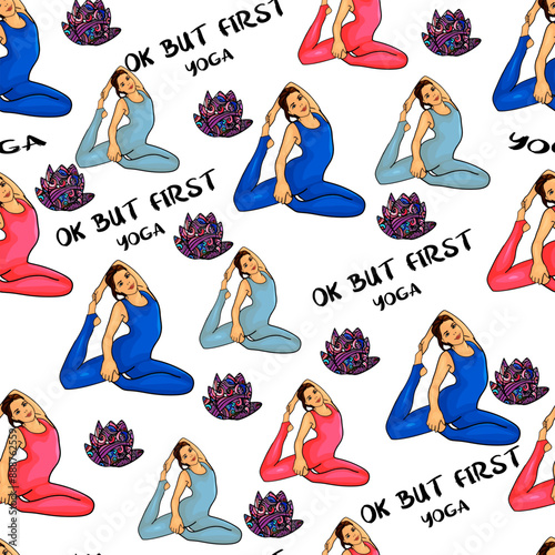 Vector seamless pattern with active young people in yoga asanas. Healthy lifestyle. Design elements.  Vector illustration for meditation centers, yoga in nature, illustration for the application of in