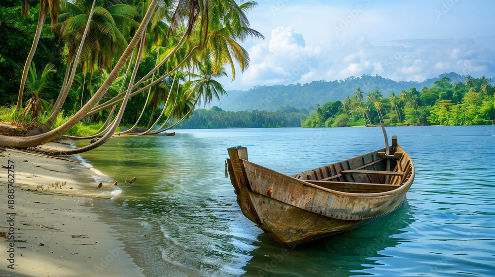 Wooden fishing boat on a beach surrounded by coconut trees. Ai generated Images Wooden fishing boat on a beach surrounded by coconut trees. Ai generated Images