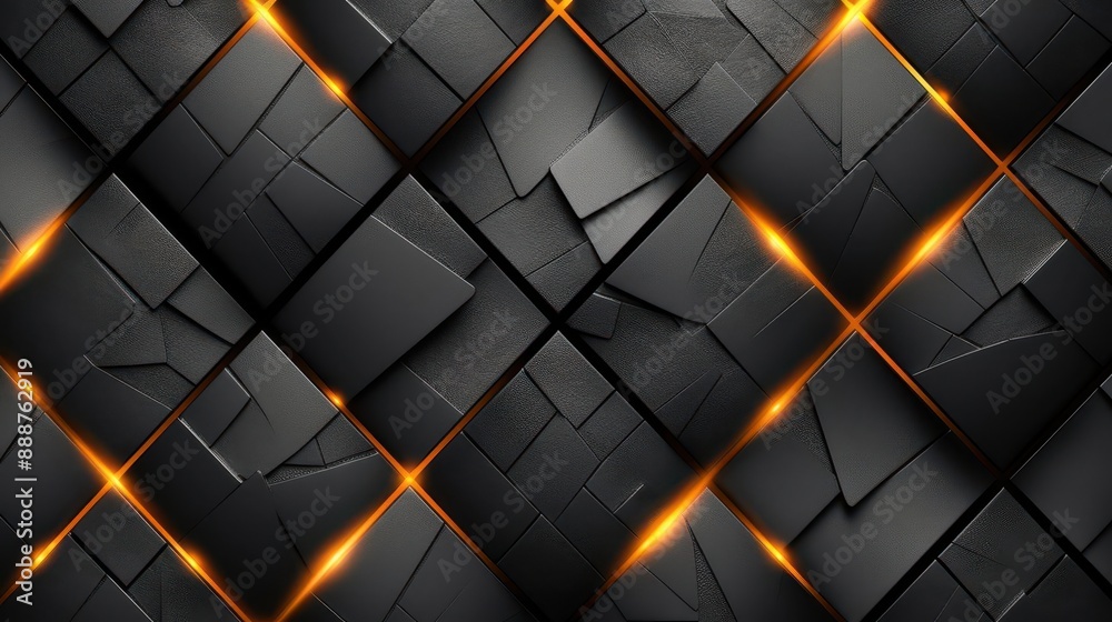 Abstract black metal background, golden light lines Elegant 3D geometric texture, bright grid pattern Pure black horizontal banner wallpaper, square diamond tiles