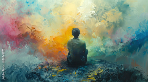 figure surrounded by a vibrant environment yet portrayed in dull, gray tones, illustrating the disconnection from joy and the pervasive numbness of depression