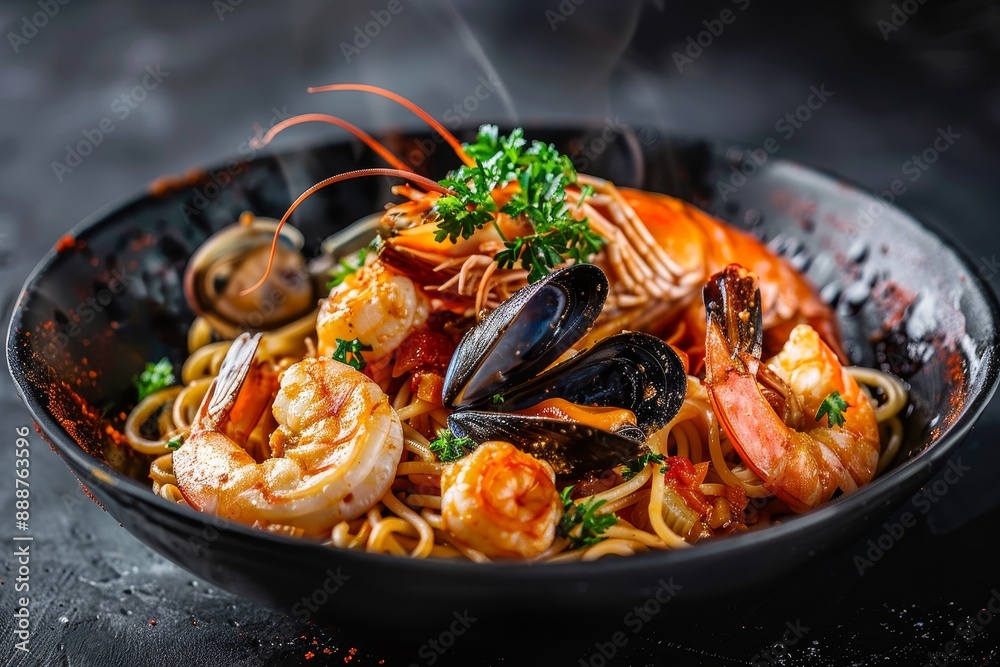 Seafood spaghetti with assorted seafood and tomato sauce Seafood spaghetti with assorted seafood and tomato sauce