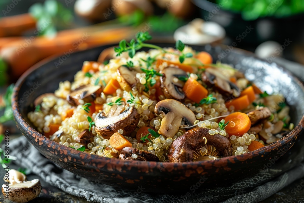 Selective focus on quinoa mushrooms and vegetables Selective focus on quinoa mushrooms and vegetables