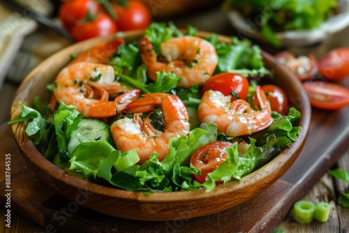 Shrimp salad on wood table is a nutritious meal