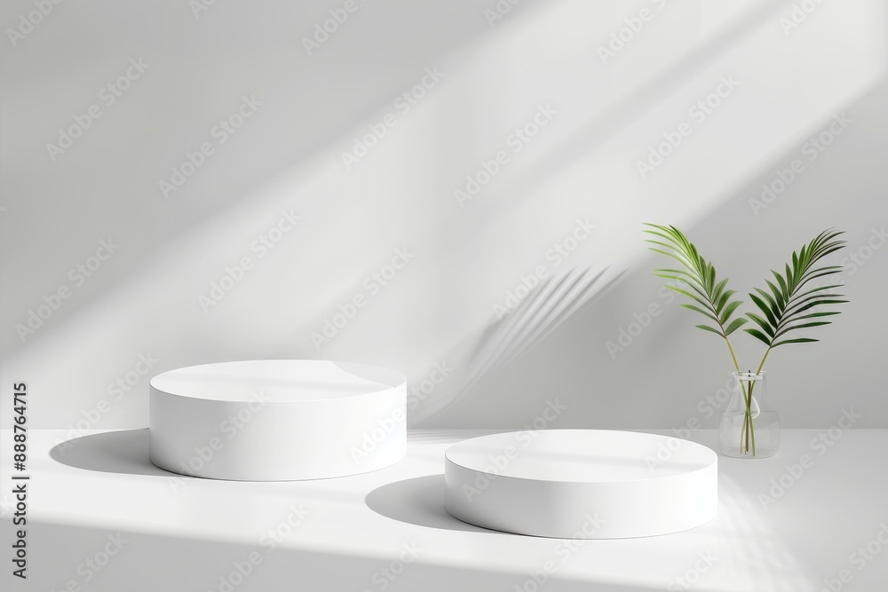 Simplistic mockup of two white pedestals for cosmetic products on a white background Ideal for showcasing products gifts advertising and design