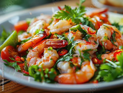 Tom Yum Seafood Salad Spicy salad with mixed seafood photo