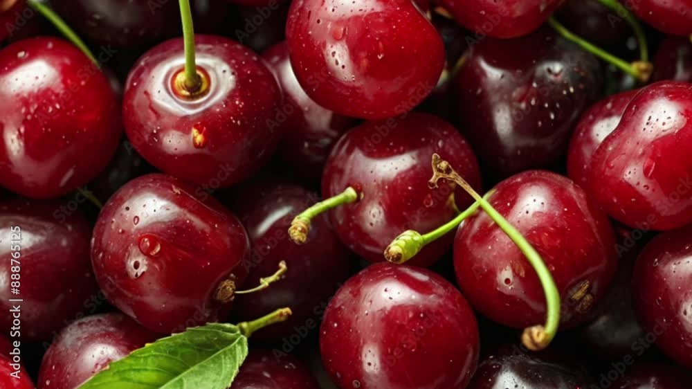 Close up of fresh Cherry fruit background with leaves, top view. Photorealistic high resolution macro photography for advertising or food design. Close up of fresh Cherry fruit background with leaves, top view. Photorealistic high resolution macro photography for advertising or food design.