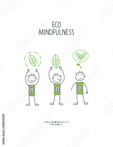 Vector cartoon sketch of environmentally conscious people with green leaves. Eco-friendly planet concept.Think green.