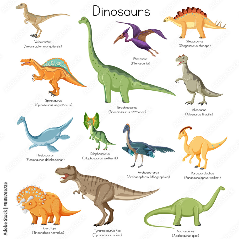 Obraz premium Vector collection of cute flat dinosaurs, including T-rex, Stegosaurus, Velociraptor, Pterodactyl, Brachiosaurus and Triceratop, isolated on white. Dinosaur set