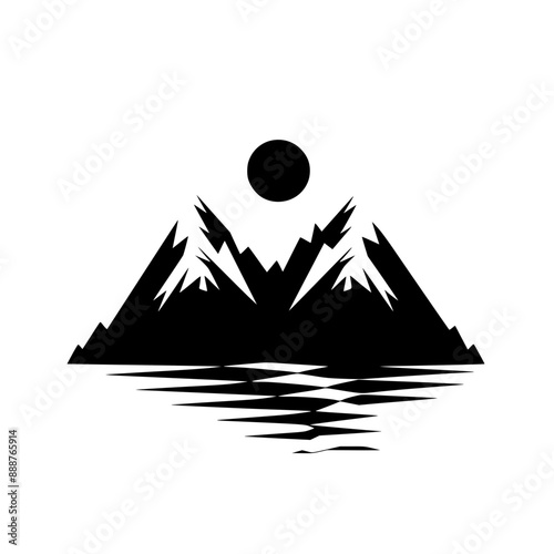 Abstract Mountain Landscape with Crescent Moon, Black and white abstract illustration of a mountain landscape featuring sharp peaks and a crescent moon in the background.

