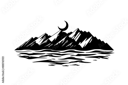 Abstract Mountain Landscape with Crescent Moon, Black and white abstract illustration of a mountain landscape featuring sharp peaks and a crescent moon in the background.

