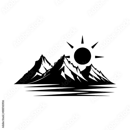 Abstract Mountain Landscape with Crescent Moon, Black and white abstract illustration of a mountain landscape featuring sharp peaks and a crescent moon in the background.

