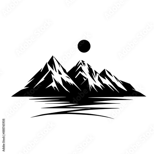 Abstract Mountain Landscape with Crescent Moon, Black and white abstract illustration of a mountain landscape featuring sharp peaks and a crescent moon in the background.

