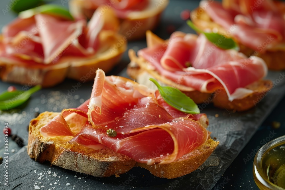 Spanish ham served on bread as tapas Cured appetizer like prosciutto Spanish ham served on bread as tapas Cured appetizer like prosciutto