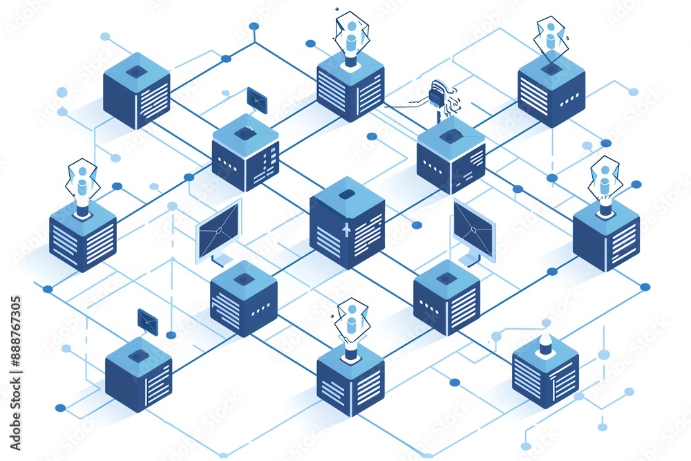 Illustration of a blockchain network with interconnected nodes representing data exchange and cryptocurrency transactions in a digital system. Illustration of a blockchain network with interconnected nodes representing data exchange and cryptocurrency transactions in a digital system.