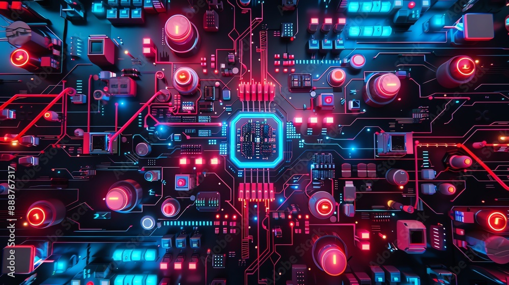 Futuristic electronic circuit board with glowing lights, showcasing advanced technology and innovation in digital design. Futuristic electronic circuit board with glowing lights, showcasing advanced technology and innovation in digital design.
