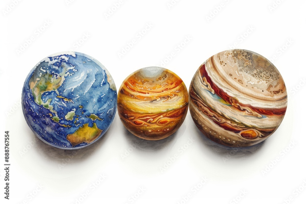 Artistic representation of Earth Jupiter and Saturn with detailed textures modern and striking design dynamic and imaginative composition cosmic and vibrant atmosphere Artistic representation of Earth Jupiter and Saturn with detailed textures modern and striking design dynamic and imaginative composition cosmic and vibrant atmosphere